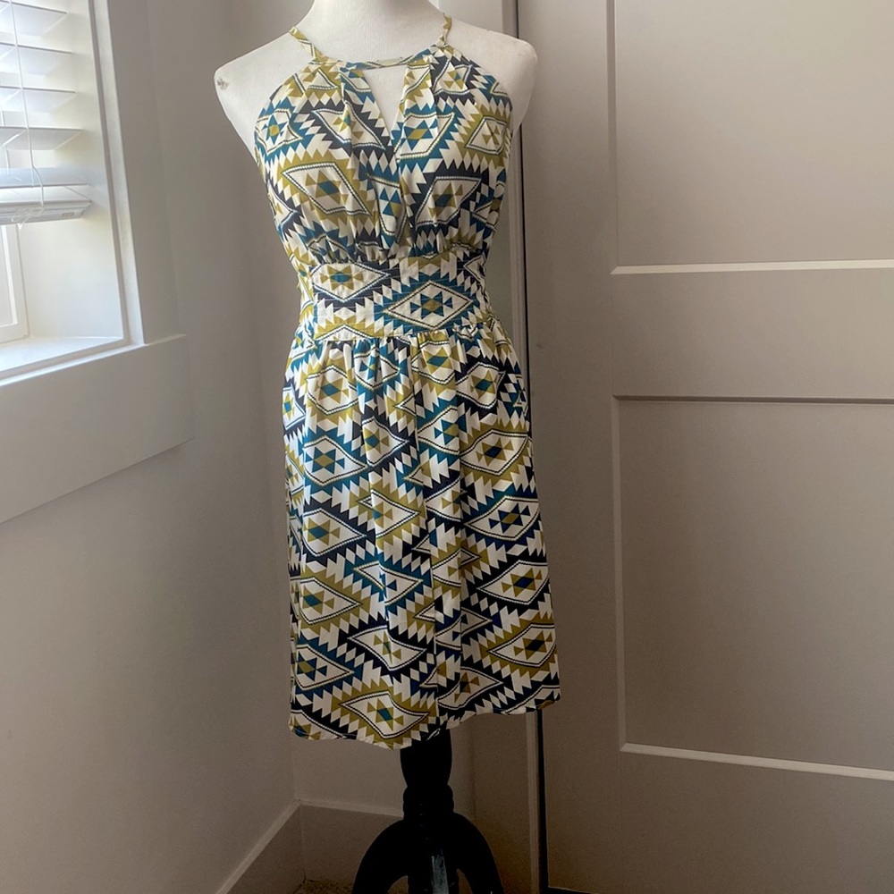 Small Bar III teal, green, black, cream Open Back Aztec Print Dress